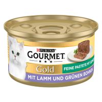 Purina Gourmet Gold paté fine con agnello e fagiolini verdi, cibo per gatti in una lattina dorata.
