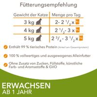 Fütterungsempfehlung für Katzen: Gewicht 3kg, 2-2½x 85g; 4kg, 2½-3x 85g; 5kg, 2¾-3½x 85g. Enthält 99% tierisches Protein, ohne Zucker, künstliche Zusatzstoffe, GVO. Für Erwachsene ab 1 Jahr.