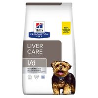 Confezione Hill's Prescription Diet Liver Care l/d per cani, testo visibile: 100% satisfaction guarantee, veterinarian recommended, Clinical Nutrition, S+OX Shield, Original.