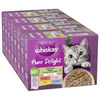Confezione multipla Whiskas Pure Delight, 48x bustine da 12, vari gusti: manzo, pollo, salmone, tonno. Immagine di gatto e ciotola visibili sulla scatola.