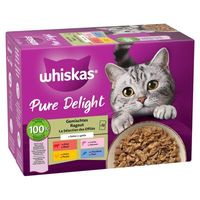 Whiskas Pure Delight ragù misto in gelatina, 96 buste con manzo, pollo, salmone e tonno. La confezione mostra un gatto e dettagli del prodotto.