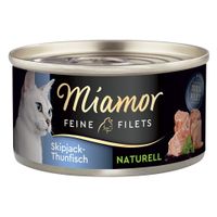 Miamor Feine Filets Thun & Krebsfleisch, Naturell, 100% Filet. Katzenfutter in Dose mit Abbildung von weisser Katze und Filetstücken.