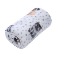 Coperta bianca con motivi di cani colorati e piccoli punti grigi, adatta come accessorio decorativo o tappetino.