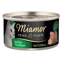 Miamor Feine Filets Bonito-Thunfisch, Naturell, 100% Filet. Katzenfutter in Dose mit Abbildung von Thunfischstücken und weisser Katze.