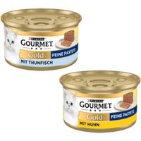 Purina Gourmet Gold paté fine con pollo, 24x lattina. Immagine di una lattina dorata con un gatto bianco e un pezzo di paté su un piatto.