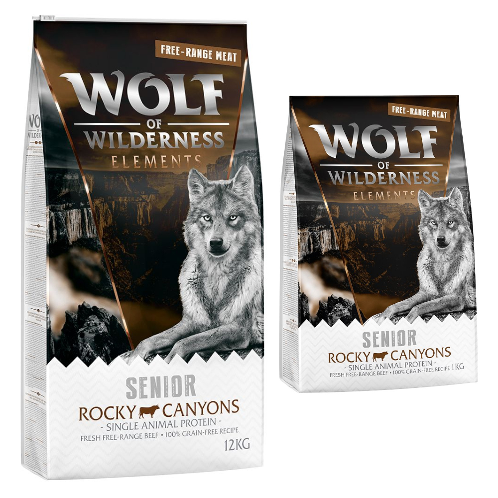 Wolf of Wilderness granule, 13 kg - 12 + 1 kg zdarma! - Senior "Rocky Canyons" Free Range Meat Beef