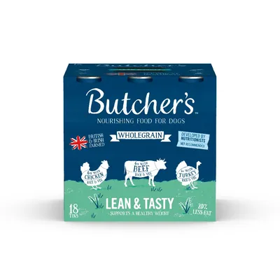 Butcher's wholegrain nourishing food for dogs, 18 tins. Contains chicken, beef, and turkey with rice and veg. Lean and tasty, supports healthy weight, 20% less fat.