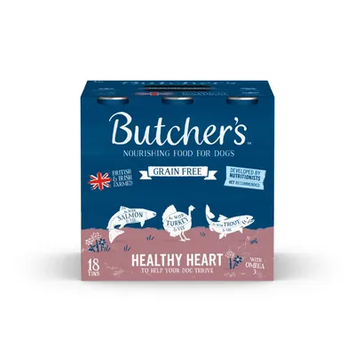Butcher's nourishing food, grain free, British and Irish farmed, developed by nutritionists, 18 tins, healthy heart with omega 3, includes salmon, turkey, trout and veg.