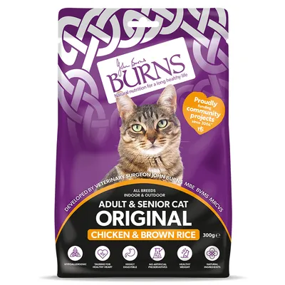 Burns Adult & Senior Cat Original Chicken & Brown Rice, 300g. Hypoallergenic, taurine for heart, highly digestible, no artificial preservatives, healthy weight, natural ingredients.