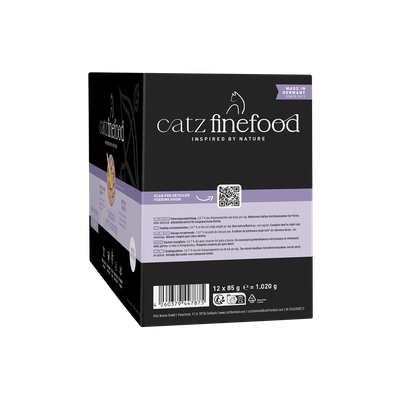 catz finefood inspired by nature, Made in Germany sinds 2010, Voedingsadvies: 2,7-5% van het lichaamsgewicht van de kat per dag, 12 x 85g = 1,020g.