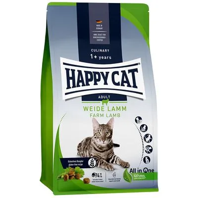 Happy Cat Adult Weide Lamm Farm Lamb kattenvoer, glutenvrije receptuur, geschikt voor katten vanaf 1 jaar. Verpakking toont kat en pictogrammen met productkenmerken.