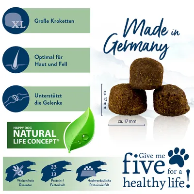 Grosse Kroketten ca. 17mm, optimal für Haut und Fell, unterstützt die Gelenke. Made in Germany. Happy Dog Natural Life Concept: weizenfreie Rezeptur, Protein-/Fettgehalt 23/13, hochwertige Proteinvielfalt.