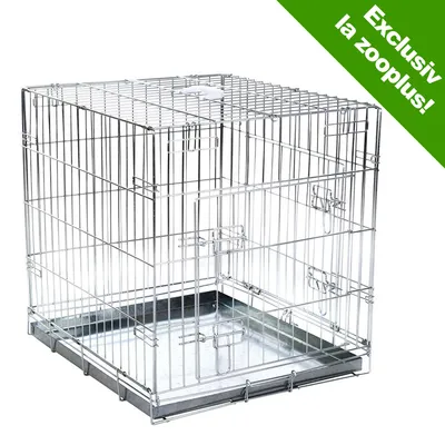 Cușcă metalică pentru animale, tavă detașabilă din metal, ușă frontală cu zăvor. Text vizibil: Exclusiv la zooplus!