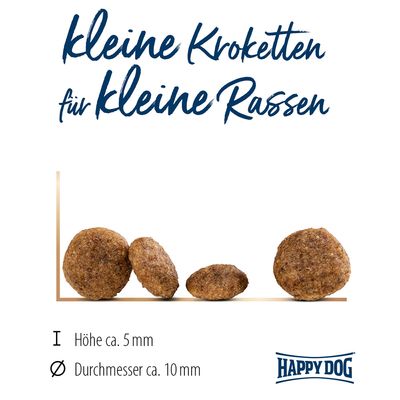 Kleine Kroketten für kleine Rassen. Höhe ca. 5 mm, Durchmesser ca. 10 mm. Happy Dog Logo sichtbar.