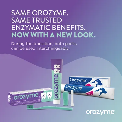 Orozyme Dental Care Gel with new packaging design, both packs can be used during the transition period. Shown: gel tubes, toothbrush and finger attachments. Orozyme Dental Care Gel with new packaging design, both packs can be used during the transition period. Shown: gel tubes, toothbrush and finger attachments.
