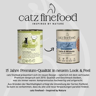 catz finefood Ragout de saumon et de canard sauvage en sauce, dans l'ancien et le nouveau design d'emballage. Remarque sur le nouveau design avec une qualité constante depuis 2010.