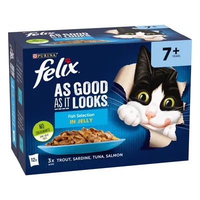 Fish Selection in Jelly, 12 pouches with trout, sardine, tuna, salmon. No colourants. For 7+ years. Product name: Felix As Good As It Looks.