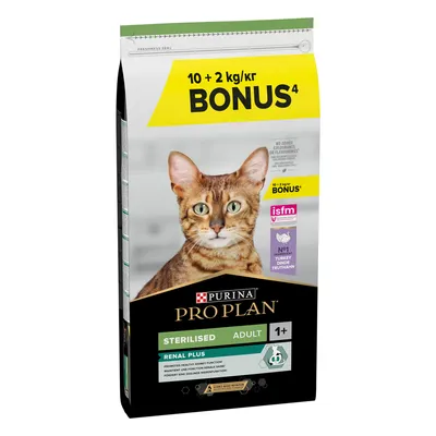 Purina Pro Plan Sterilised Adult 1+ Renal Plus per gatti, offerta 10+2 kg bonus, indicato sulla confezione. Testo visibile: isfm, NO1 Turkey Dinde Truthahn.