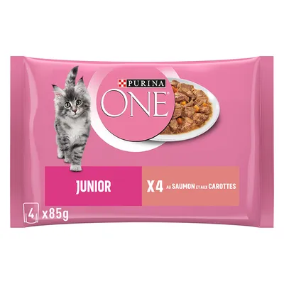 Purina ONE Junior, 4 x 85 g, au saumon et aux carottes. Emballage rose avec photo d’un chaton et d’une assiette de nourriture humide.