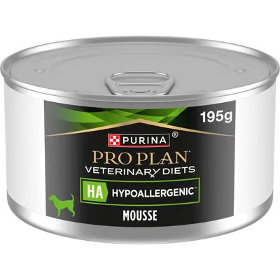 Purina Pro Plan Veterinary Diets HA Hypoallergenic Mousse, 195g tin. Product label shows hypoallergenic formula and mousse texture.