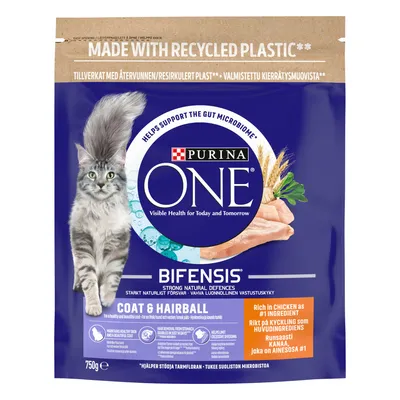 Purina ONE Bifensis Coat & Hairball dry food, supports gut microbiome, strong natural defences, rich in chicken as number one ingredient, made with recycled plastic, 750g pack.