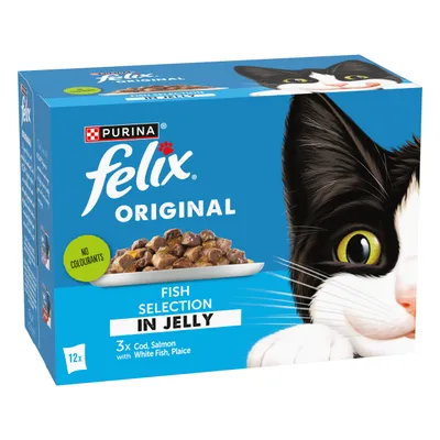 Felix Original Fish Selection in Jelly, 12 pack. Includes cod, salmon, white fish and plaice. No colourants. Product packaging shows food pieces in jelly.