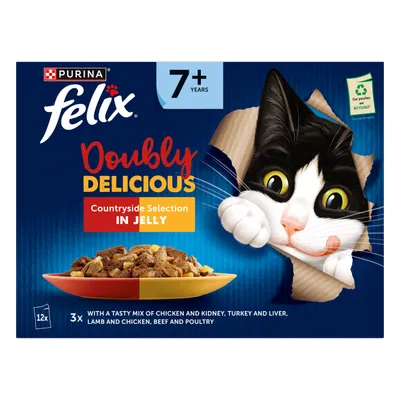 Doubly Delicious Countryside Selection in Jelly, for 7+ years, includes chicken and kidney, turkey and liver, lamb and chicken, beef and poultry. Pouches are recyclable.