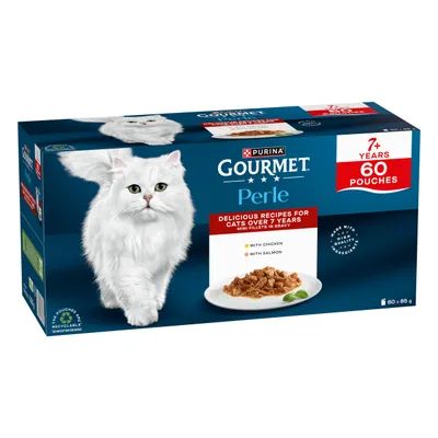 Purina Gourmet Perle, 60 pouches, for cats over 7 years, mini fillets in sauce with chicken and salmon, made from high-quality ingredients. Purina Gourmet Perle, 60 pouches, for cats over 7 years, mini fillets in sauce with chicken and salmon, made from high-quality ingredients.
