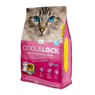 OdourLock Multi-Cat Formula cat litter, baby powder scent, 40 days no odour guarantee, 12 kg. Visible icons: blocks ammonia, extra-hard clumping, dust free. Pink bag with cat image.