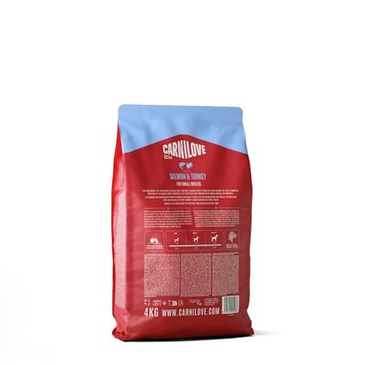 Carnilove Saumon et Dinde pour Petites Races, 4 kg. Recommandations d’alimentation et informations nutritionnelles visibles au dos. www.carnilove.com.