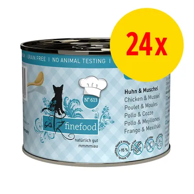catz finefood N° 613 Huhn & Muschel, konzerva s kuřecím a slávkami, balení 24x. Text: grain free, no animal testing, 95 %. Viditelné piktogramy bez obilovin a testování na zvířatech. catz finefood N° 613 Huhn & Muschel, konzerva s kuřecím a slávkami, balení 24x. Text: grain free, no animal testing, 95 %. Viditelné piktogramy bez obilovin a testování na zvířatech.
