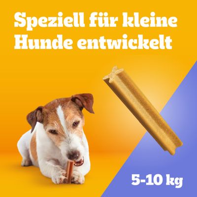Speziell für kleine Hunde entwickelt, 5-10 kg. Abgebildet ist ein Hund mit einem Kausnack.
