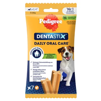 Pedigree Dentastix Daily Oral Care za pse 5-10 kg. Smanjuje stvaranje zubnog kamenca do 80%, čisti teško dostupne zube, podržava zdravlje desni. Pakiranje od 7 komada.