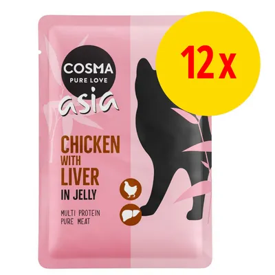 Cosma Asia Chicken with Liver in Jelly, multi protein pure meat, lot de 12 sachets. Texte en anglais sur l’emballage, silhouette de chat visible.