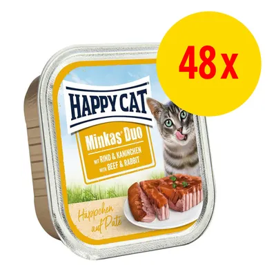 Happy Cat Minkas Duo con ternera y conejo, trozos sobre paté, 48 tarrinas individuales.