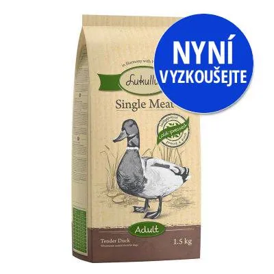 Balení Lukullus Single Meat Tender Duck Adult 1,5 kg s modrým kruhem a textem NYNÍ VYZKOUŠEJTE