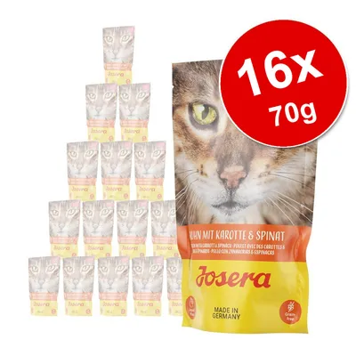 Josera cat food pouches, Huhn mit Karotte & Spinat, 16 x 70g, visible text: Made in Germany, Grain-free. Large red circle with white text: 16x 70g.
