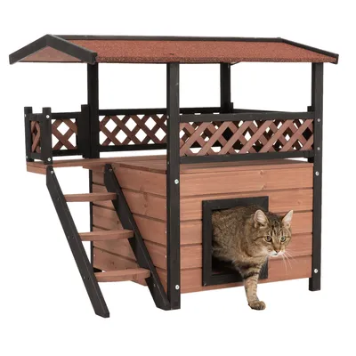 Maison pour chat en bois avec terrasse supérieure, escalier latéral et rambarde décorative. Un chat tigré sort par l’ouverture principale.