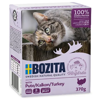 Bozita krmivo pro kočky s krůtou v želé, 370g. Grain Free, 100% živočišné bílkoviny, vařeno z přírodních surovin ve Vårgårda. Viditelná krmná tabulka podle hmotnosti kočky.