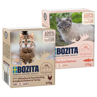 Bozita Tetra falatok aszpikban vagy szószban 24 x 370 g - Vegyes csomag I (12x csirke & 12x pulyka + lazac szószban )