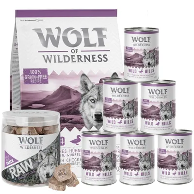 Offre d'essai Wolf of Wilderness Adult - "Wild Hills - canard" lot de 3 : croquettes, pâtée, RAW Snack