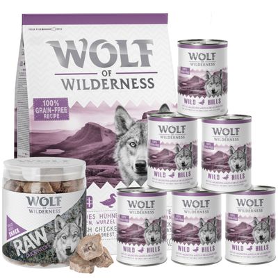 Wolf of Wilderness Adult Probierpaket "Green Fields - Lamm" 3-er Set: Trockenfutter, Nassfutter, RAW Snack