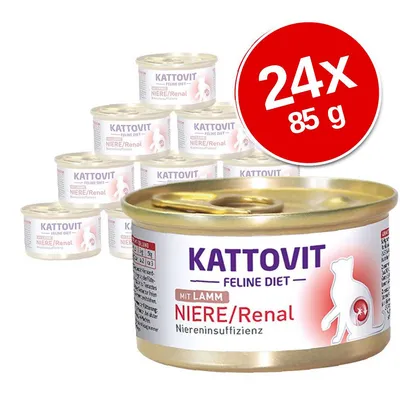 Kattovit Feline Diet NIERE/Renal mit Lamm macskaeledel, 24×85 g konzerv csomagolásban. Felirat: Niereninsuffizienz. Kattovit Feline Diet NIERE/Renal mit Lamm macskaeledel, 24×85 g konzerv csomagolásban. Felirat: Niereninsuffizienz.