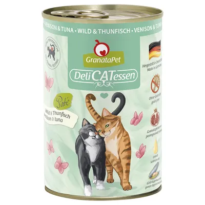 GranataPet DeliCATessen Paté vaddal és tonhallal. Németországban készült, gabonamentes, gránátalmamaggal és lenolajjal. Két macska illusztrációja a dobozon.