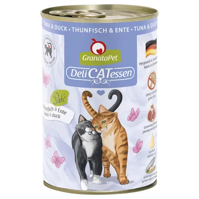 GranataPet DeliCATessen Paté Thunfisch & Ente. Hergestellt in Deutschland, ohne Getreide, Granatapfelkerne, Lachsöl, Grünlippmuschel. Keine Tierversuche.