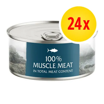 Tin showing 100% muscle meat in total meat content, with a yellow circle displaying 24x indicating a multipack of 24 tins. Tin showing 100% muscle meat in total meat content, with a yellow circle displaying 24x indicating a multipack of 24 tins.