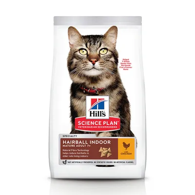 Hill's Science Plan Hairball Indoor Mature Adult 7+ cu pui. Reduce ghemotoacele de păr la pisici în vârstă. Fără conservanți, coloranți sau arome artificiale.