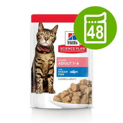Hill's Science Plan Light Adult 1-6 with Ocean Fish, Chunks & Gravy. Εικόνα συσκευασίας με γάτα και πράσινο σύμβολο με τον αριθμό 48.