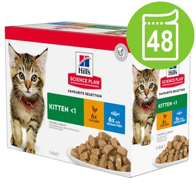 Hill's Science Plan Kitten <1 Favourite Selection, 6x κοτόπουλο, 6x ψάρι ωκεανού, συσκευασία με 48 φακελάκια. Εικόνα γατάκι και κομμάτια τροφής σε σάλτσα.