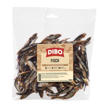 DIBO FISCH, tørret enkeltfoder til hunde, 200 g. Synlig tekst på tysk: Für die Besten das Beste, getrocknet, Einzelfuttermittel für Hunde, 200 g.